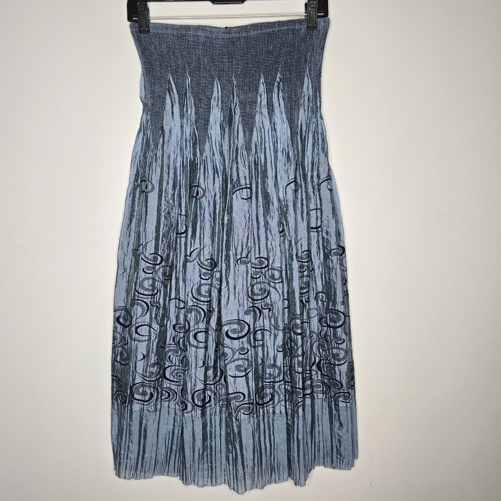 Lapis Blue Iridescent Crinkle Skirt Midi Tube Dress Smocked Popcorn Y2K One Size
